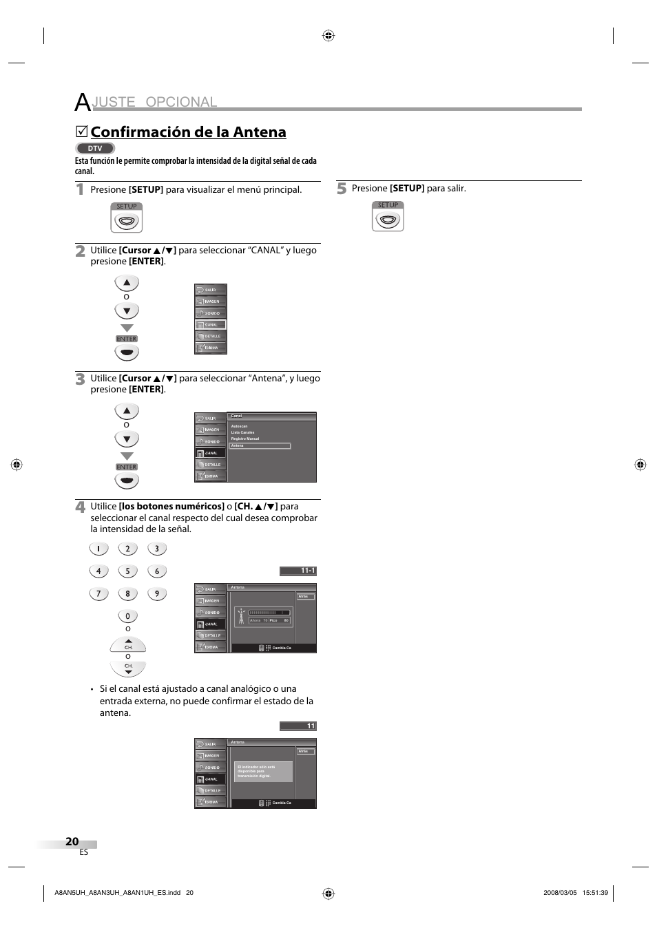 Juste opcional, Confirmación de la antena | FUNAI LC195EM9 B User Manual | Page 56 / 72