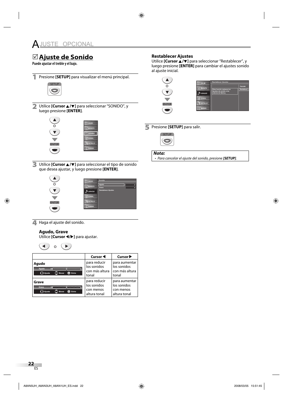 Juste opcional, Ajuste de sonido | FUNAI LC195EM9 B User Manual | Page 58 / 72