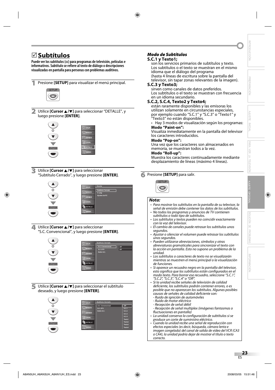 Subtítulos, Modo de subtítulos s.c.1 y texto1, S.c.3 y texto3 | S.c.2, s.c.4, texto2 y texto4, Nota | FUNAI LC195EM9 B User Manual | Page 59 / 72