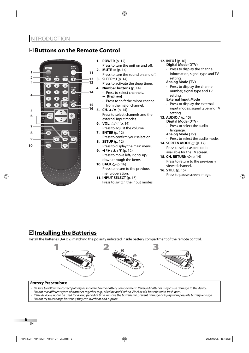 Ntroduction, Buttons on the remote control 5, Installing the batteries | FUNAI LC195EM9 B User Manual | Page 6 / 72