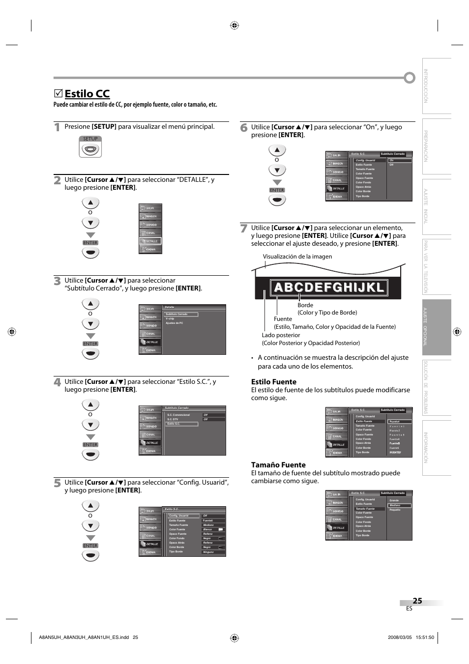 Estilo cc, Estilo fuente, Tamaño fuente | Solución de problemas información, Presione [setup] para visualizar el menú principal | FUNAI LC195EM9 B User Manual | Page 61 / 72