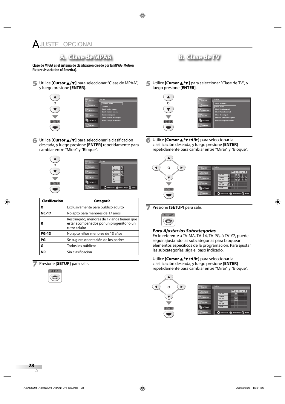 Juste opcional, A. clase de mpaa, B. clase de tv | Para ajustar las subcategorías, Presione [setup] para salir | FUNAI LC195EM9 B User Manual | Page 64 / 72