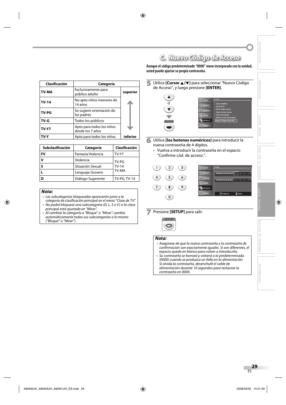 C. nuevo código de acceso, Nota | FUNAI LC195EM9 B User Manual | Page 65 / 72