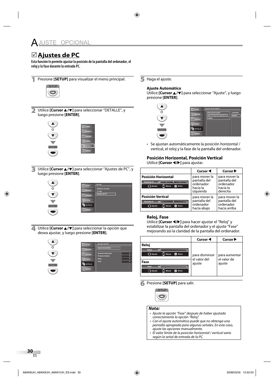 Juste opcional, Ajustes de pc, Posición horizontal, posición vertical | Reloj, fase, Nota | FUNAI LC195EM9 B User Manual | Page 66 / 72