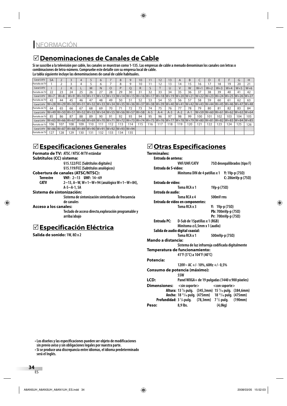 Nformación, Especificaciones generales, Especificación eléctrica | 5otras especificaciones, Denominaciones de canales de cable 5 | FUNAI LC195EM9 B User Manual | Page 70 / 72