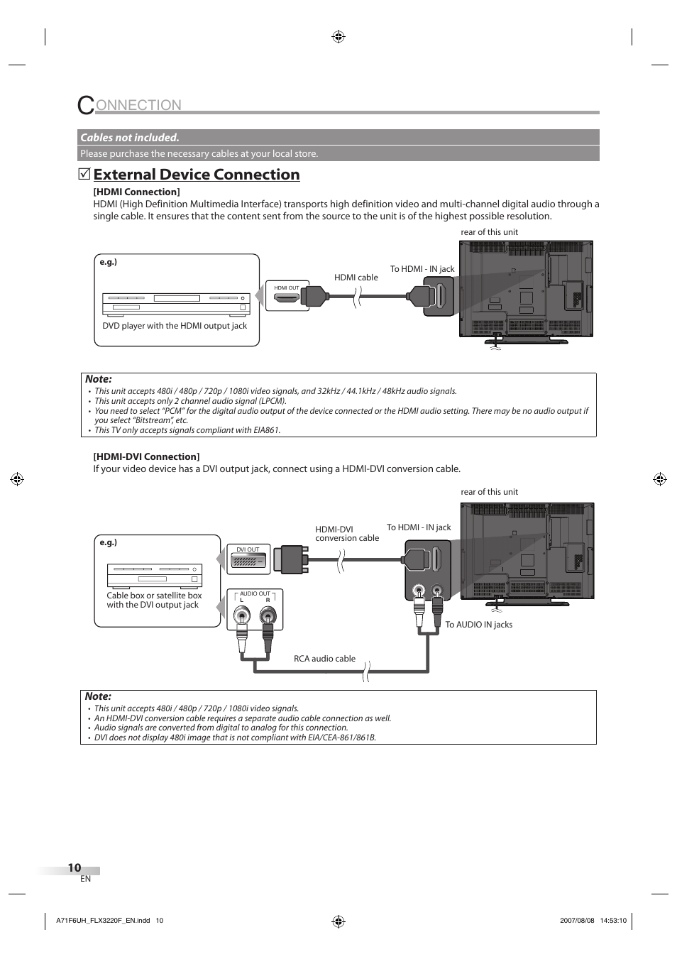 Onnection, External device connection | FUNAI FLX3220F User Manual | Page 10 / 72
