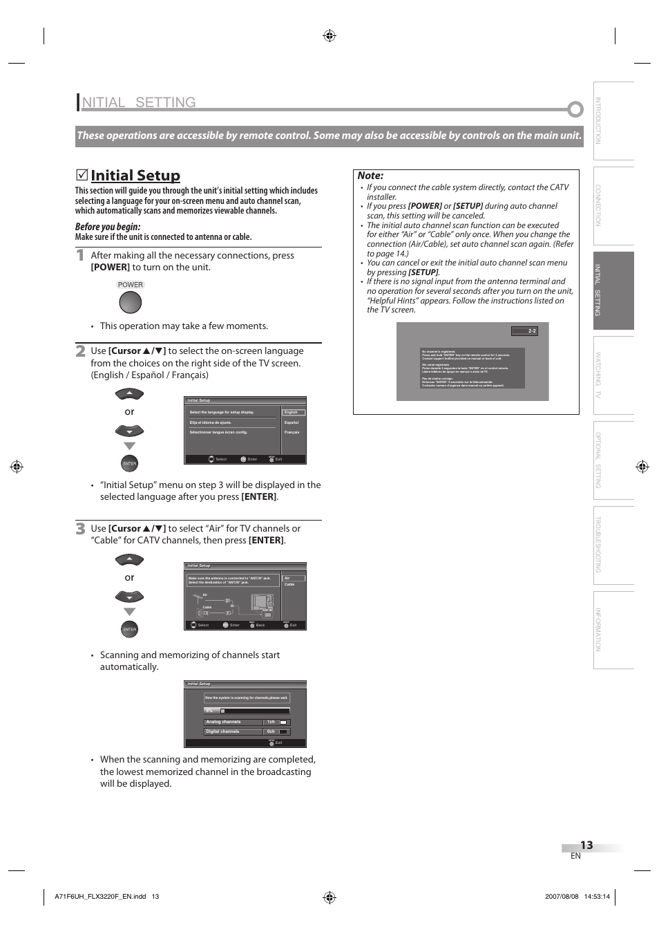 Nitial setting, Initial setup, Before you begin | FUNAI FLX3220F User Manual | Page 13 / 72
