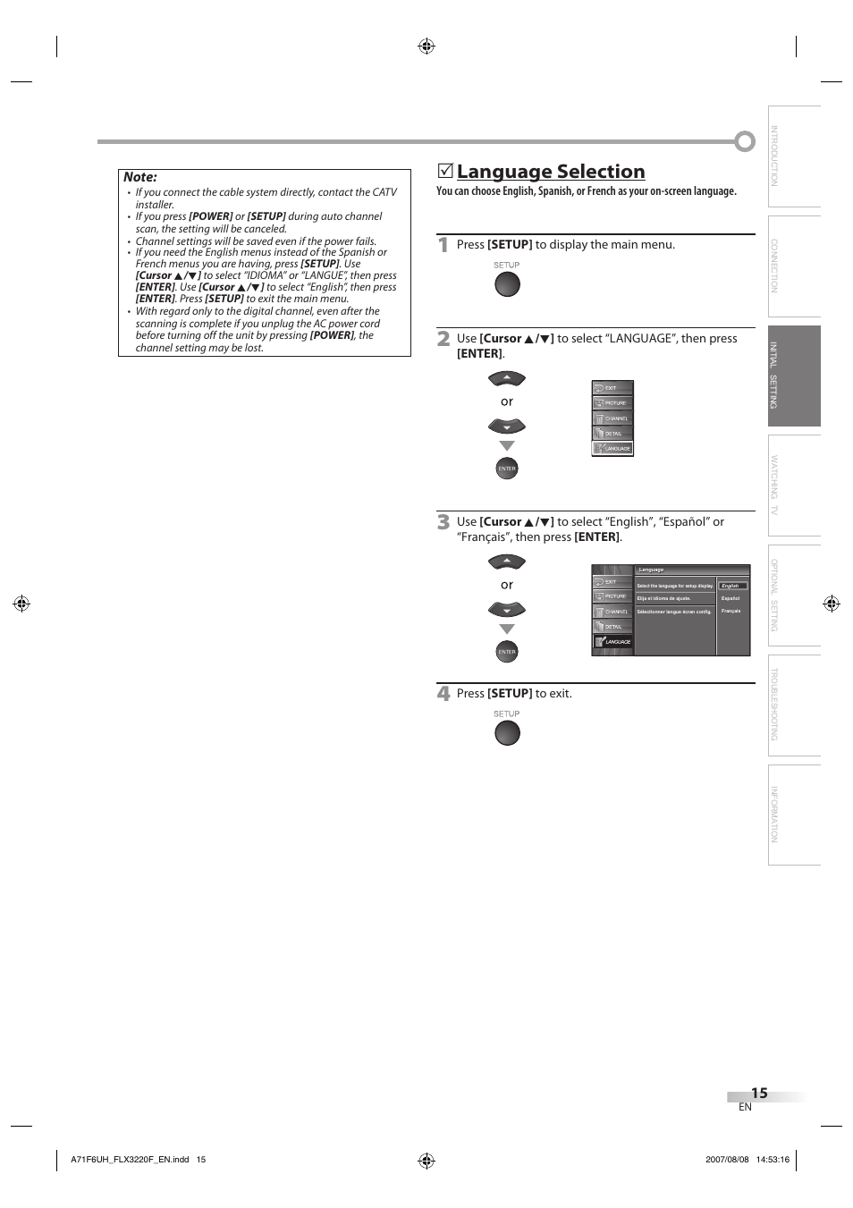 Language selection | FUNAI FLX3220F User Manual | Page 15 / 72