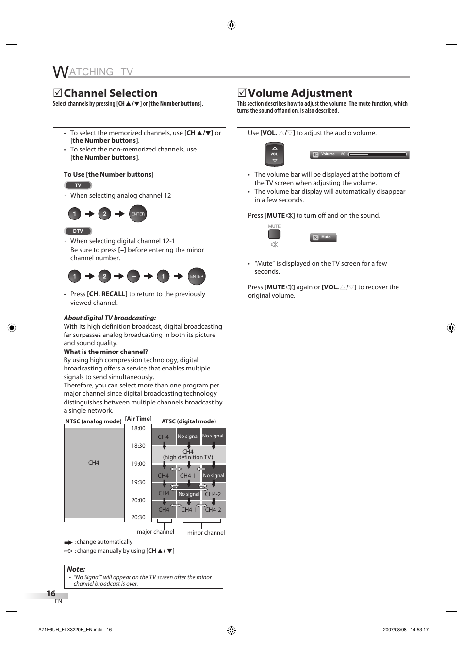 Atching tv, Channel selection, Volume adjustment | FUNAI FLX3220F User Manual | Page 16 / 72