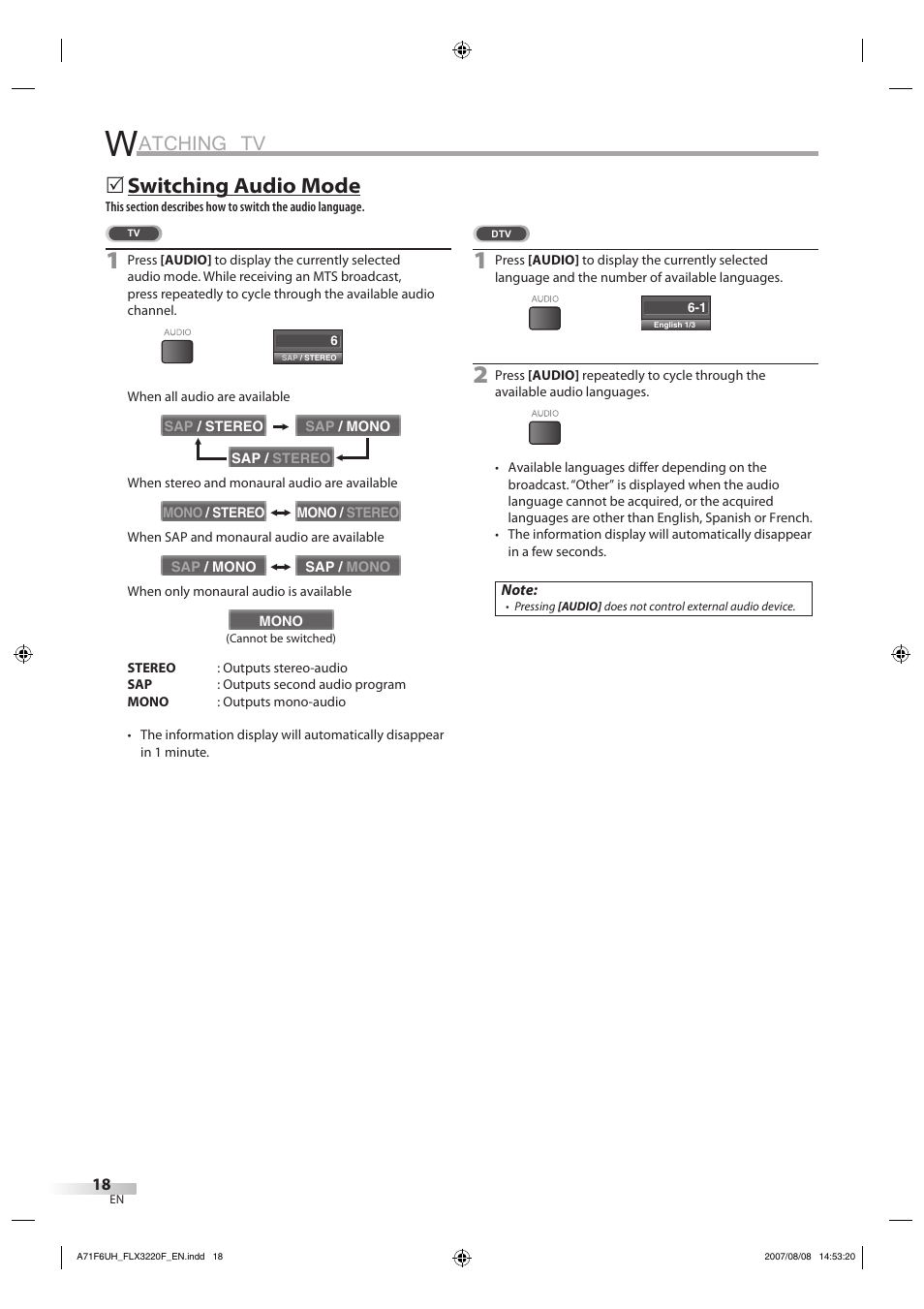 Atching tv, Switching audio mode | FUNAI FLX3220F User Manual | Page 18 / 72