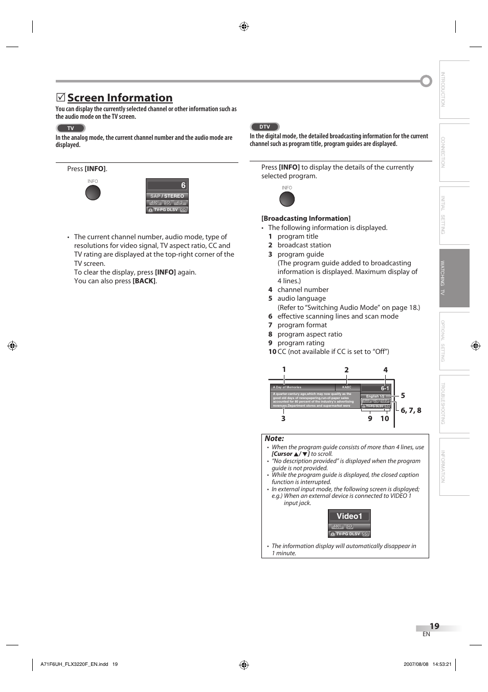 Screen information | FUNAI FLX3220F User Manual | Page 19 / 72