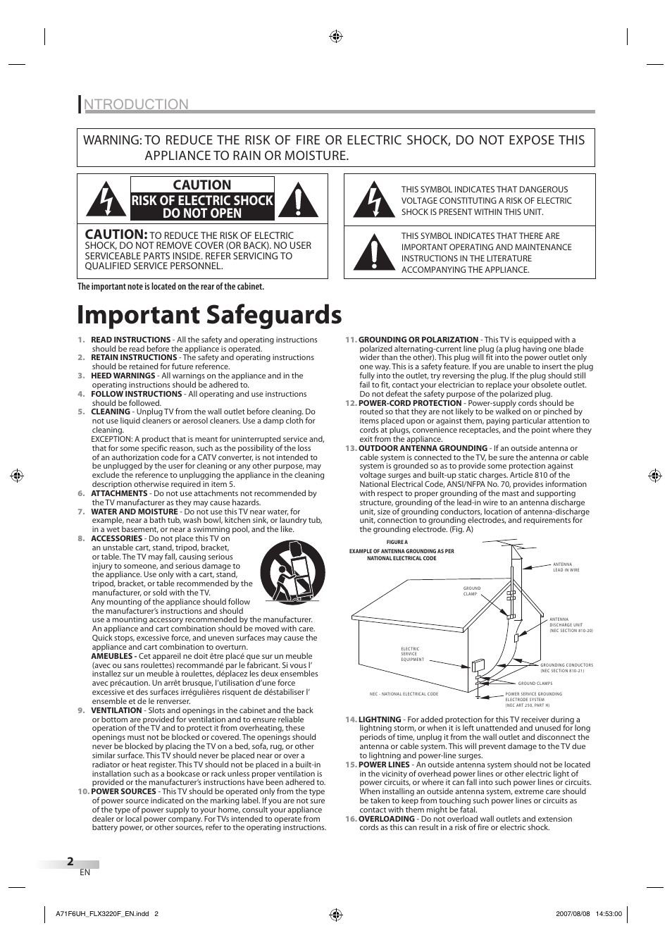 Important safeguards, Ntroduction, Caution | Caution risk of electric shock do not open | FUNAI FLX3220F User Manual | Page 2 / 72