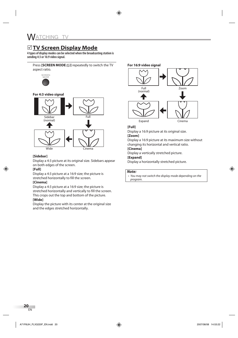 Atching tv, Tv screen display mode | FUNAI FLX3220F User Manual | Page 20 / 72