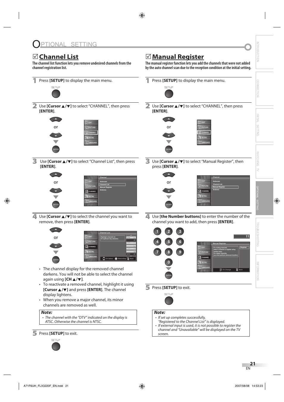 Ptional setting, Channel list, Manual register | FUNAI FLX3220F User Manual | Page 21 / 72