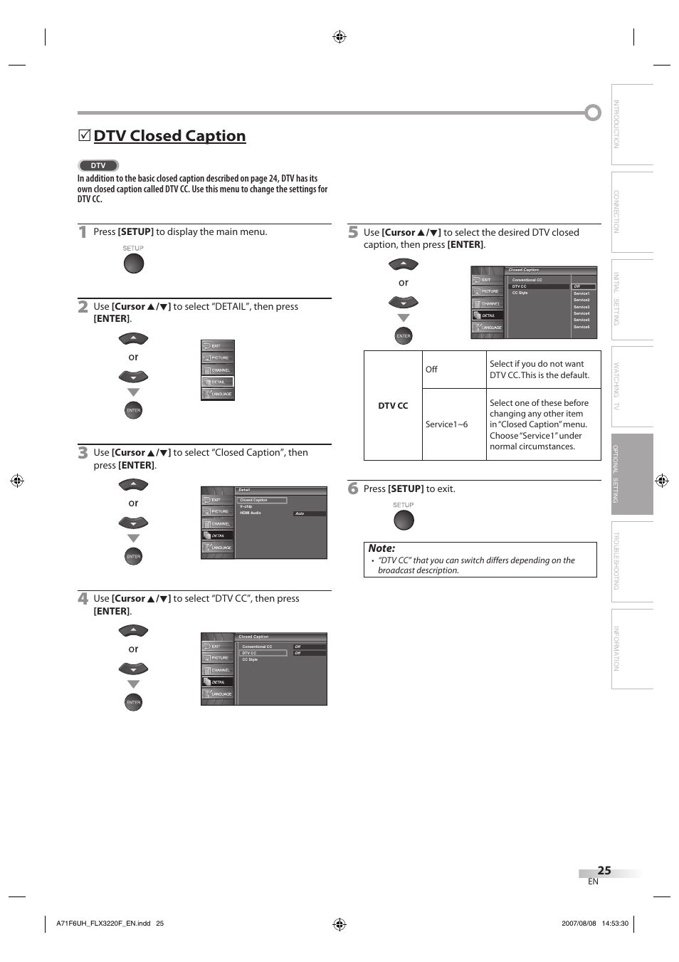 Dtv closed caption | FUNAI FLX3220F User Manual | Page 25 / 72