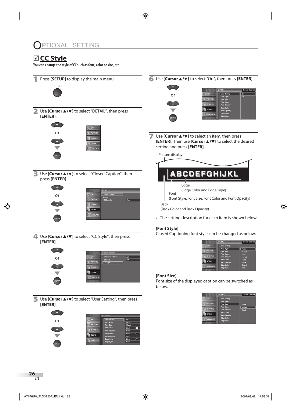 Ptional setting, Cc style, Press [setup] to display the main menu | FUNAI FLX3220F User Manual | Page 26 / 72