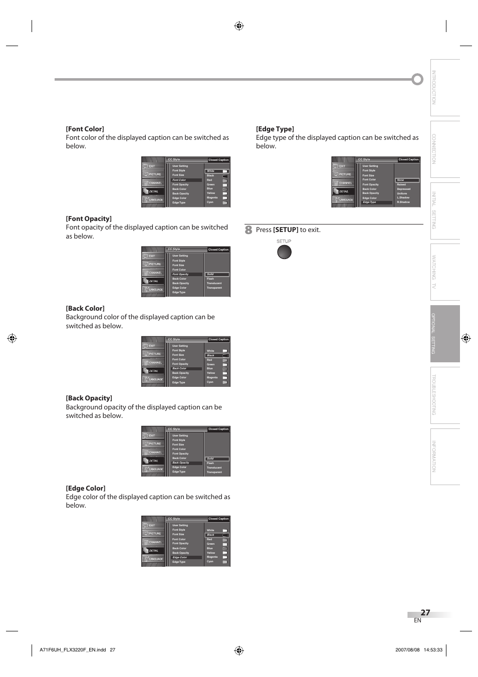 Press [setup] to exit, Optional setting | FUNAI FLX3220F User Manual | Page 27 / 72