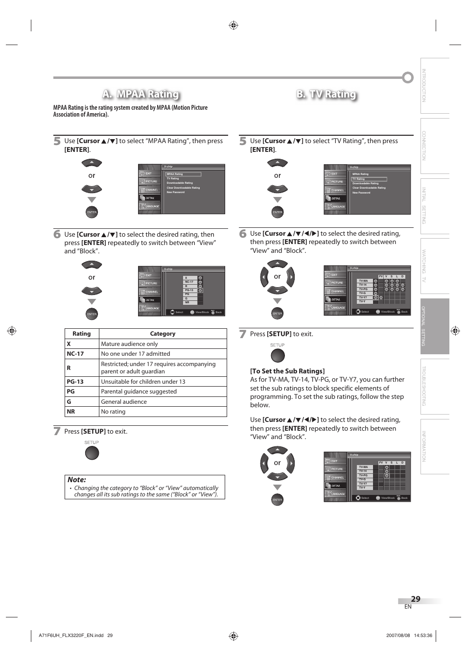 A. mpaa rating, B. tv rating, Troubleshooting information | Press [setup] to exit | FUNAI FLX3220F User Manual | Page 29 / 72