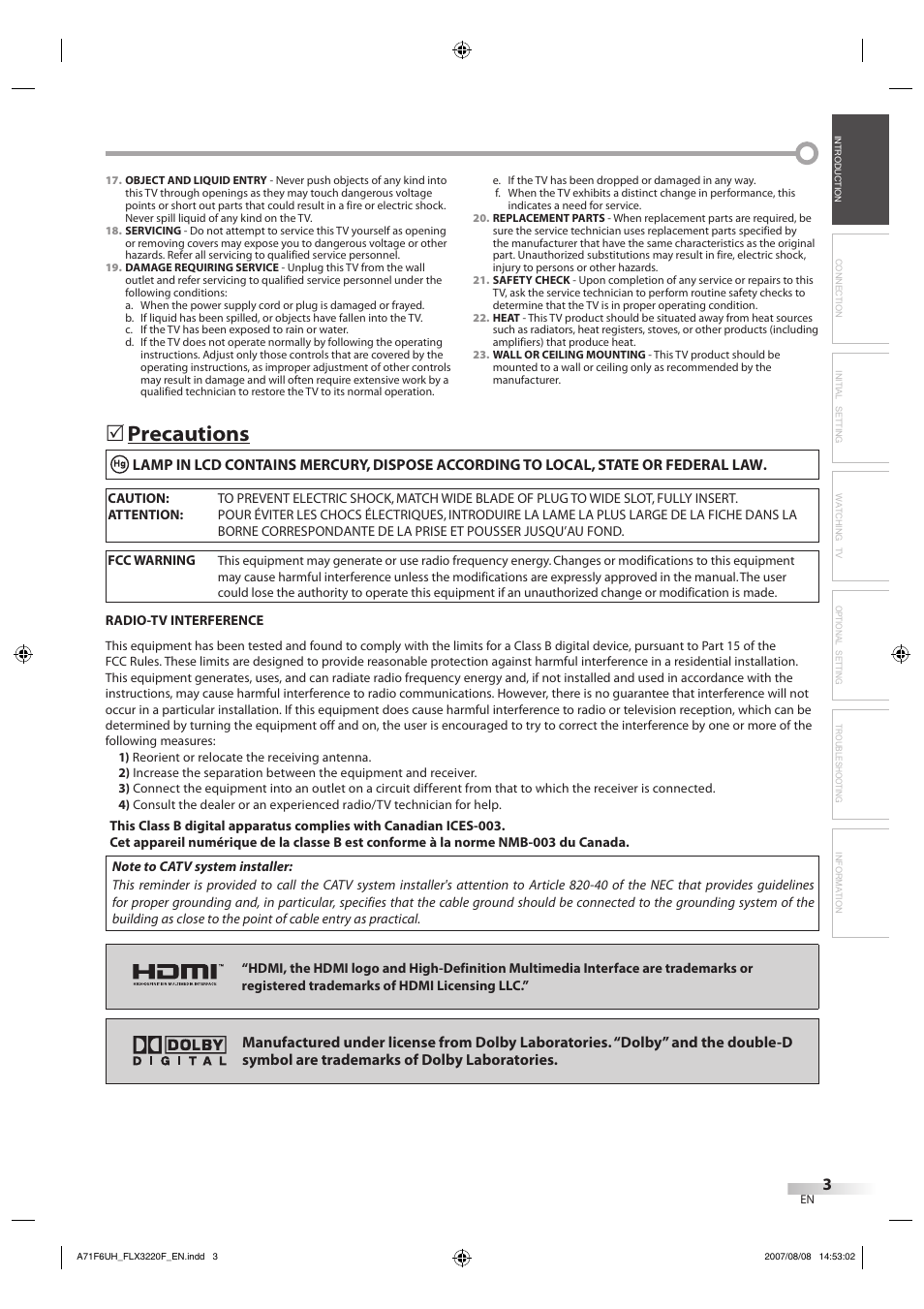 Precautions | FUNAI FLX3220F User Manual | Page 3 / 72