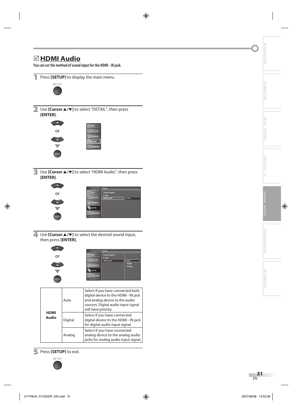 Hdmi audio | FUNAI FLX3220F User Manual | Page 31 / 72