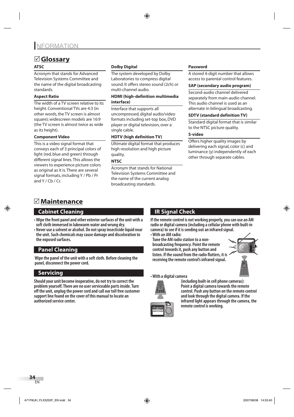 Nformation, Maintenance 5, Glossary 5 | FUNAI FLX3220F User Manual | Page 34 / 72