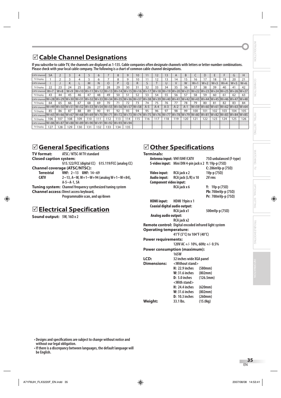 General specifications, Electrical specification, 5other specifications | Cable channel designations 5 | FUNAI FLX3220F User Manual | Page 35 / 72