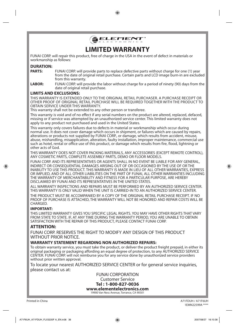 Limited warranty | FUNAI FLX3220F User Manual | Page 36 / 72