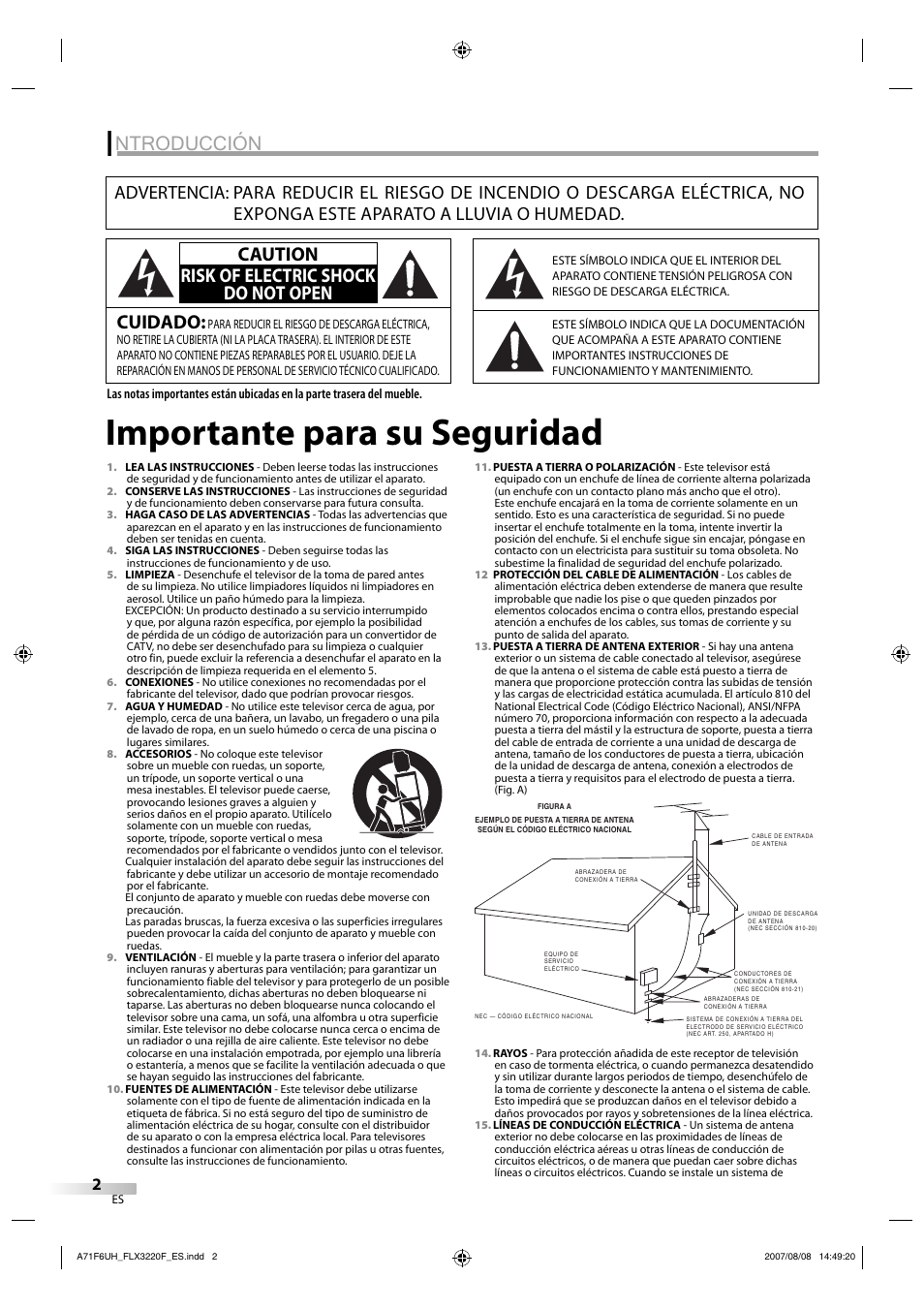 Importante para su seguridad, Ntroducción, Cuidado | Caution risk of electric shock do not open | FUNAI FLX3220F User Manual | Page 38 / 72