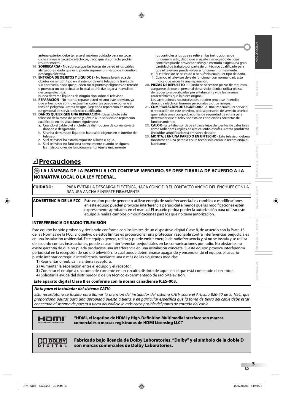 Precauciones | FUNAI FLX3220F User Manual | Page 39 / 72