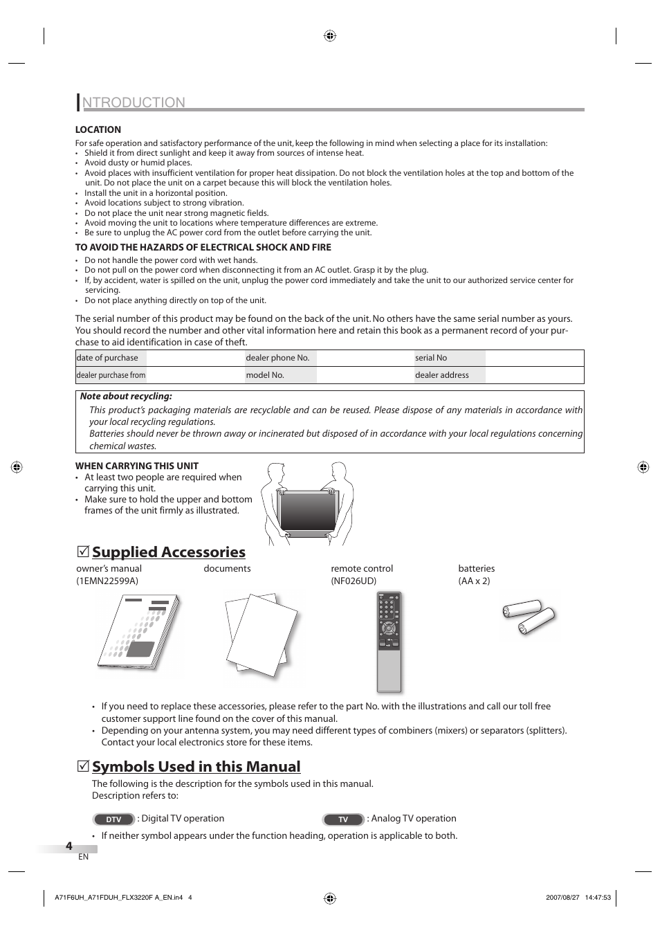 Ntroduction, Symbols used in this manual, Supplied accessories | FUNAI FLX3220F User Manual | Page 4 / 72