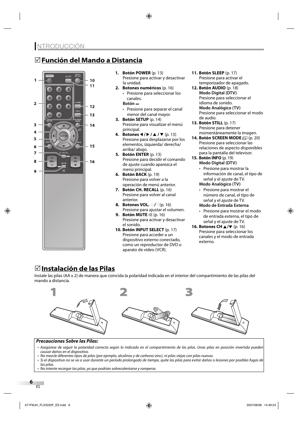 Ntroducción, Función del mando a distancia 5, Instalación de las pilas | FUNAI FLX3220F User Manual | Page 42 / 72