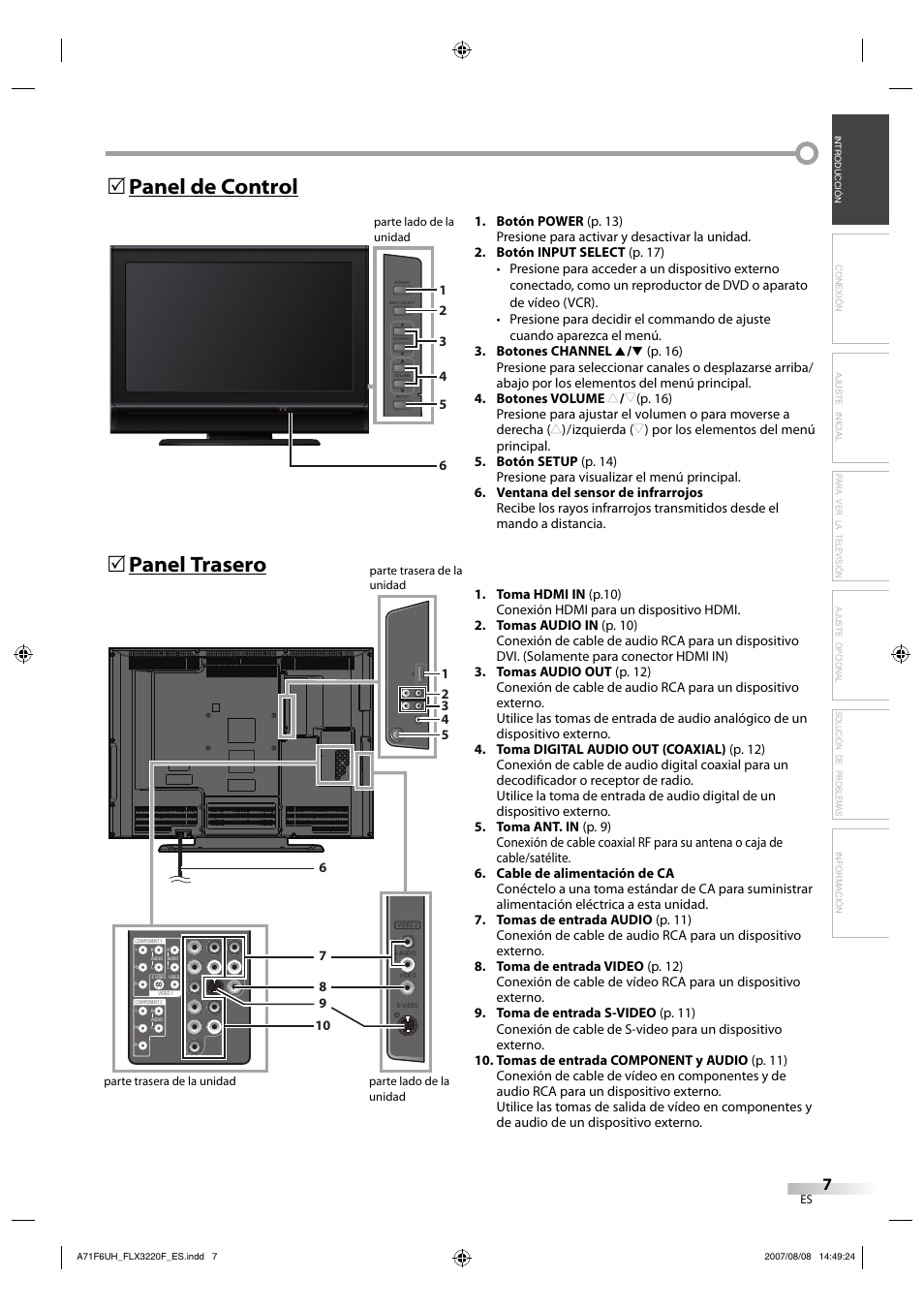 Panel trasero 5, Panel de control 5 | FUNAI FLX3220F User Manual | Page 43 / 72