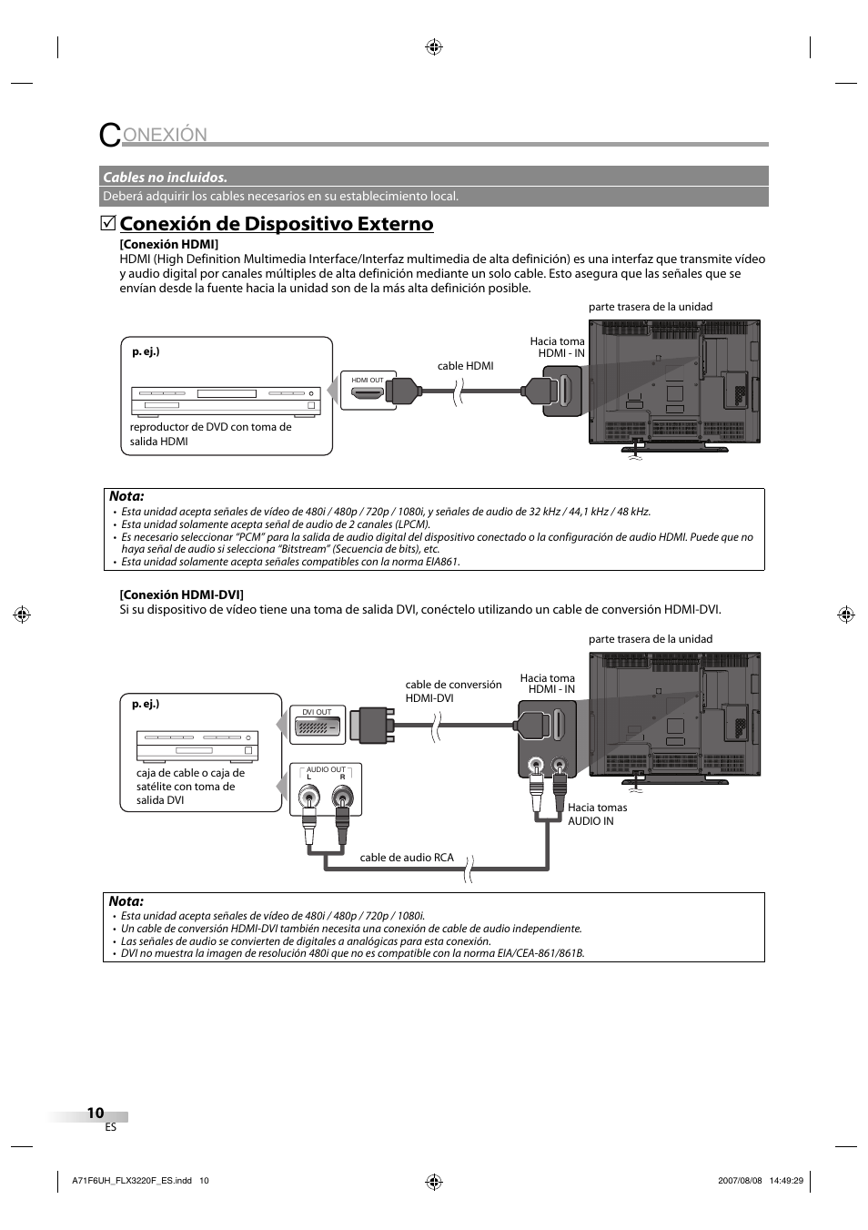 Onexión, Conexión de dispositivo externo | FUNAI FLX3220F User Manual | Page 46 / 72