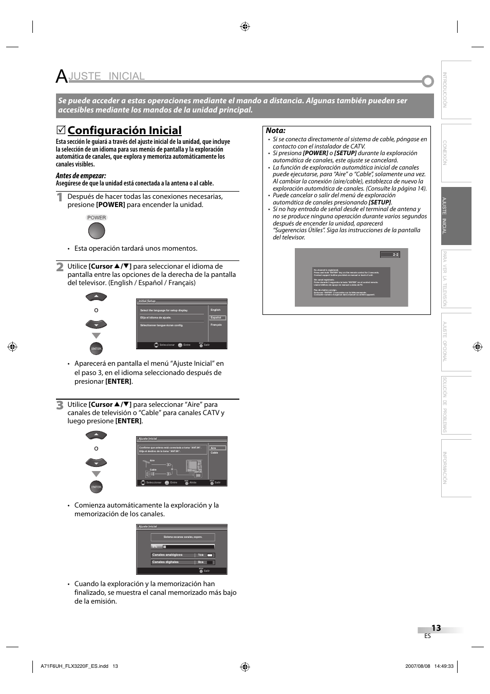 Juste inicial, Configuración inicial, Antes de empezar | Nota | FUNAI FLX3220F User Manual | Page 49 / 72