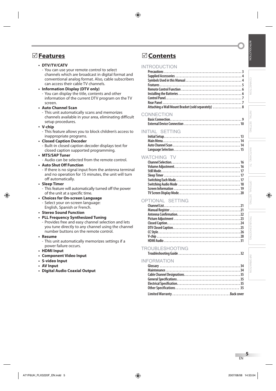 Introduction, Connection, Initial setting | Watching tv, Optional setting, Troubleshooting, Information, Contents 5, Features 5 | FUNAI FLX3220F User Manual | Page 5 / 72