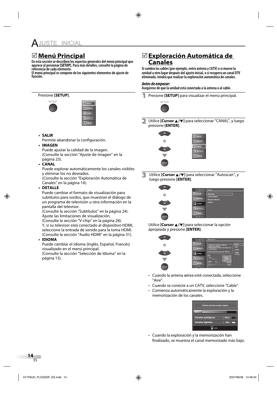 Juste inicial, Menú principal, Exploración automática de canales | FUNAI FLX3220F User Manual | Page 50 / 72