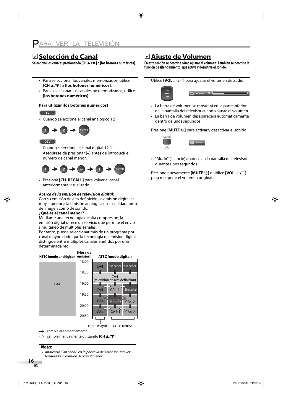 Ara ver la televisión, Selección de canal, Ajuste de volumen | FUNAI FLX3220F User Manual | Page 52 / 72