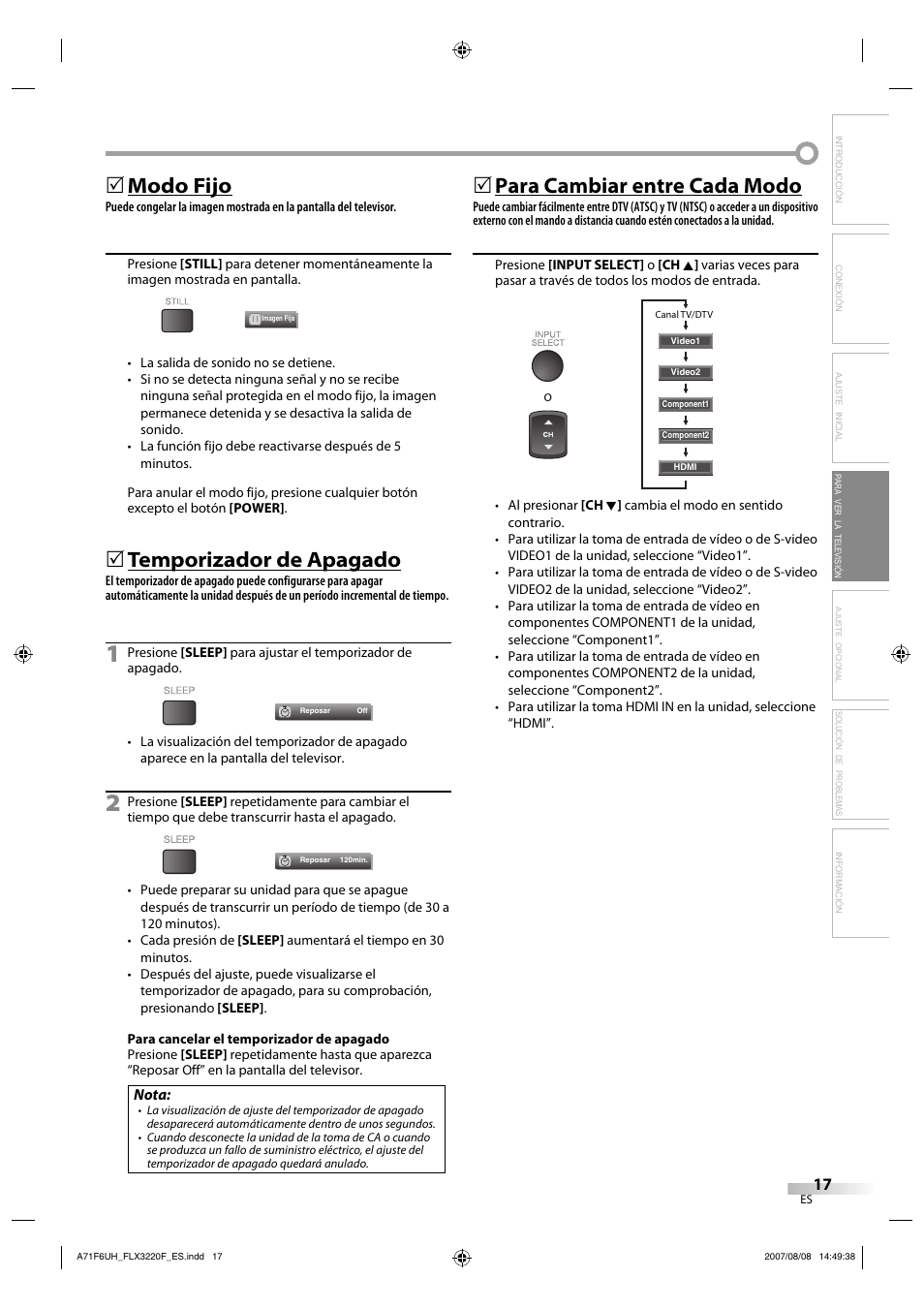 Modo fijo, Temporizador de apagado, Para cambiar entre cada modo | FUNAI FLX3220F User Manual | Page 53 / 72