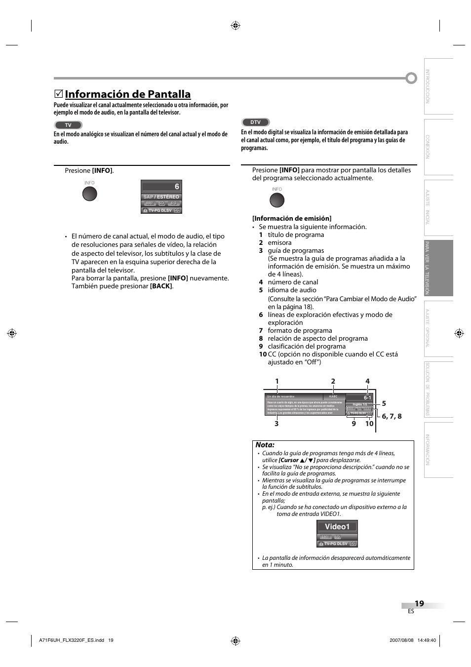 Información de pantalla, Nota, Video1 | FUNAI FLX3220F User Manual | Page 55 / 72