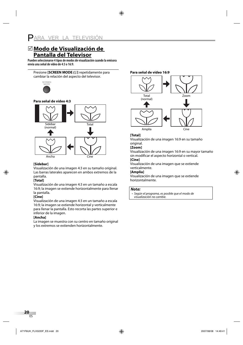 Ara ver la televisión, Modo de visualización de pantalla del televisor | FUNAI FLX3220F User Manual | Page 56 / 72
