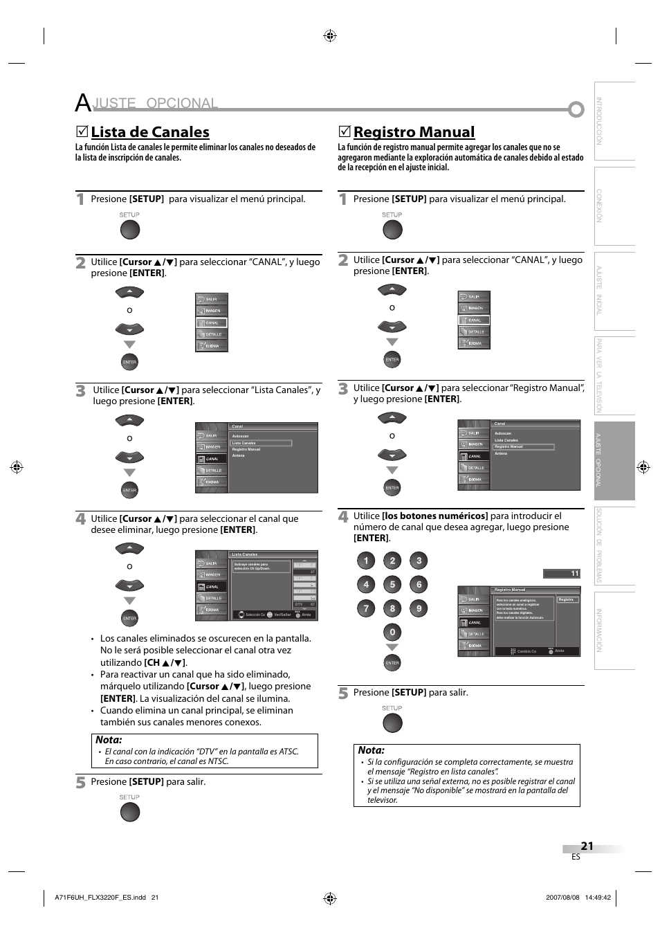 Juste opcional, Lista de canales, Registro manual | Nota | FUNAI FLX3220F User Manual | Page 57 / 72