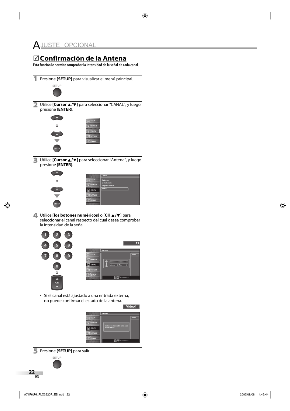 Juste opcional, Confirmación de la antena | FUNAI FLX3220F User Manual | Page 58 / 72