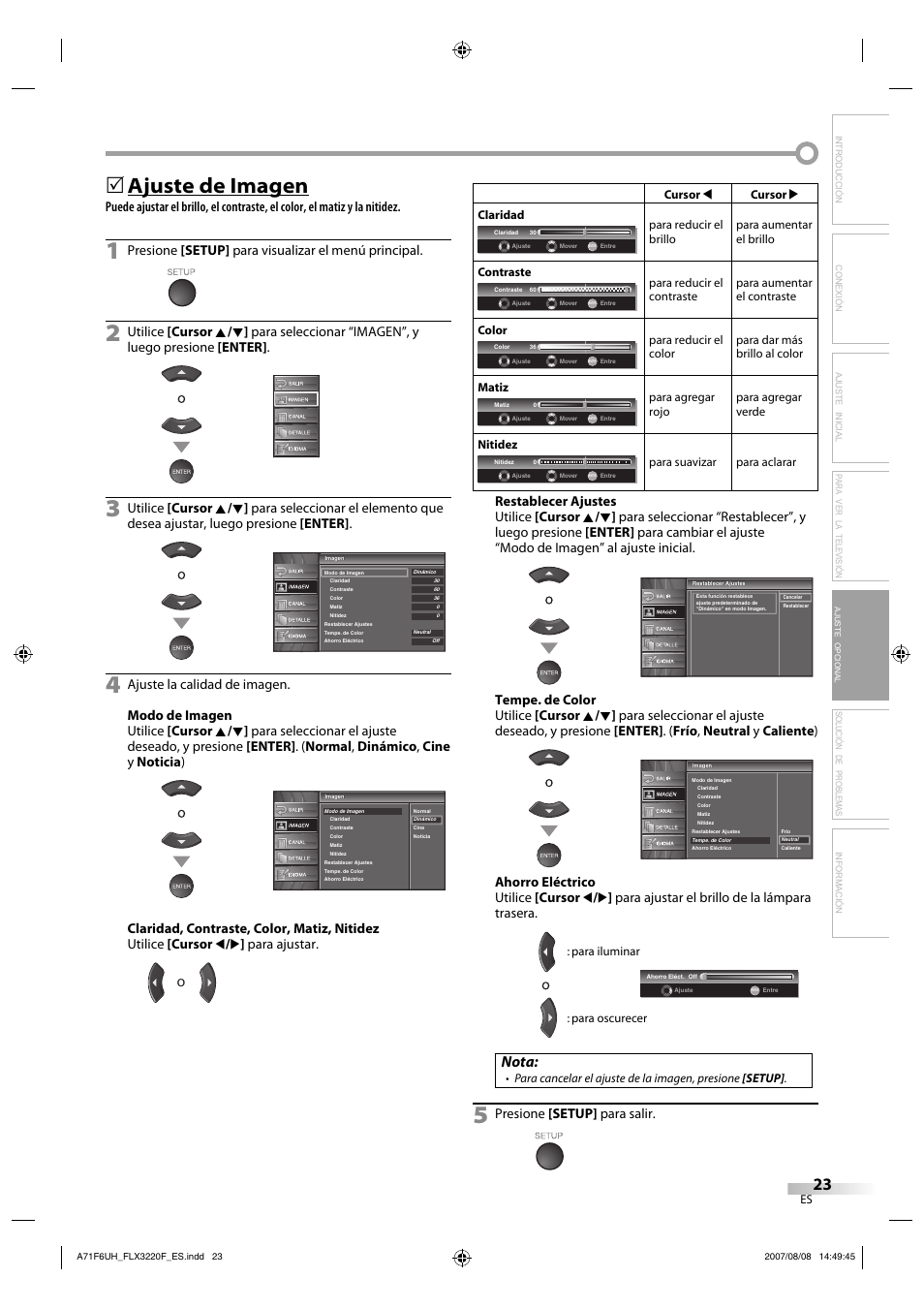 Ajuste de imagen, Nota, Solución de problemas información | Presione [setup] para visualizar el menú principal, Presione [setup] para salir, Ajuste opcional | FUNAI FLX3220F User Manual | Page 59 / 72