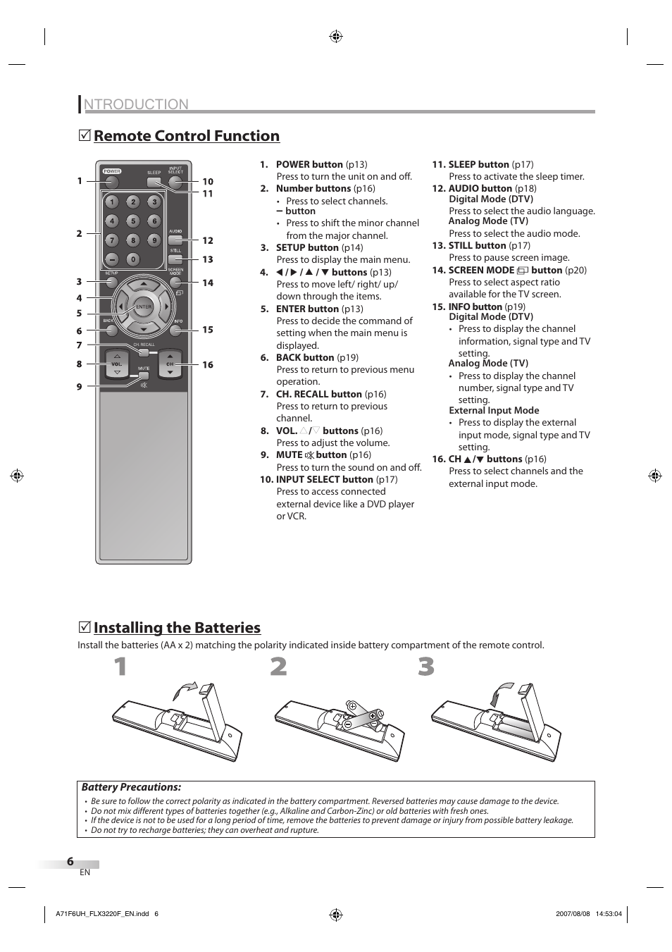 Ntroduction, Remote control function 5, Installing the batteries | FUNAI FLX3220F User Manual | Page 6 / 72