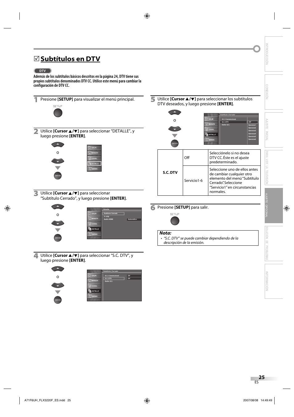 Subtítulos en dtv, Nota | FUNAI FLX3220F User Manual | Page 61 / 72
