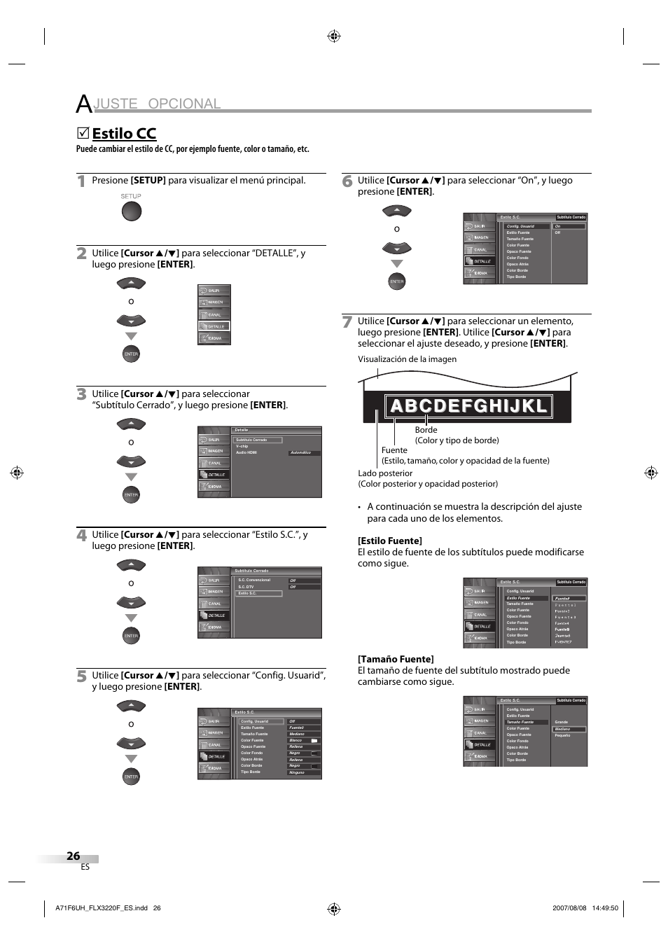 Juste opcional, Estilo cc, Presione [setup] para visualizar el menú principal | FUNAI FLX3220F User Manual | Page 62 / 72