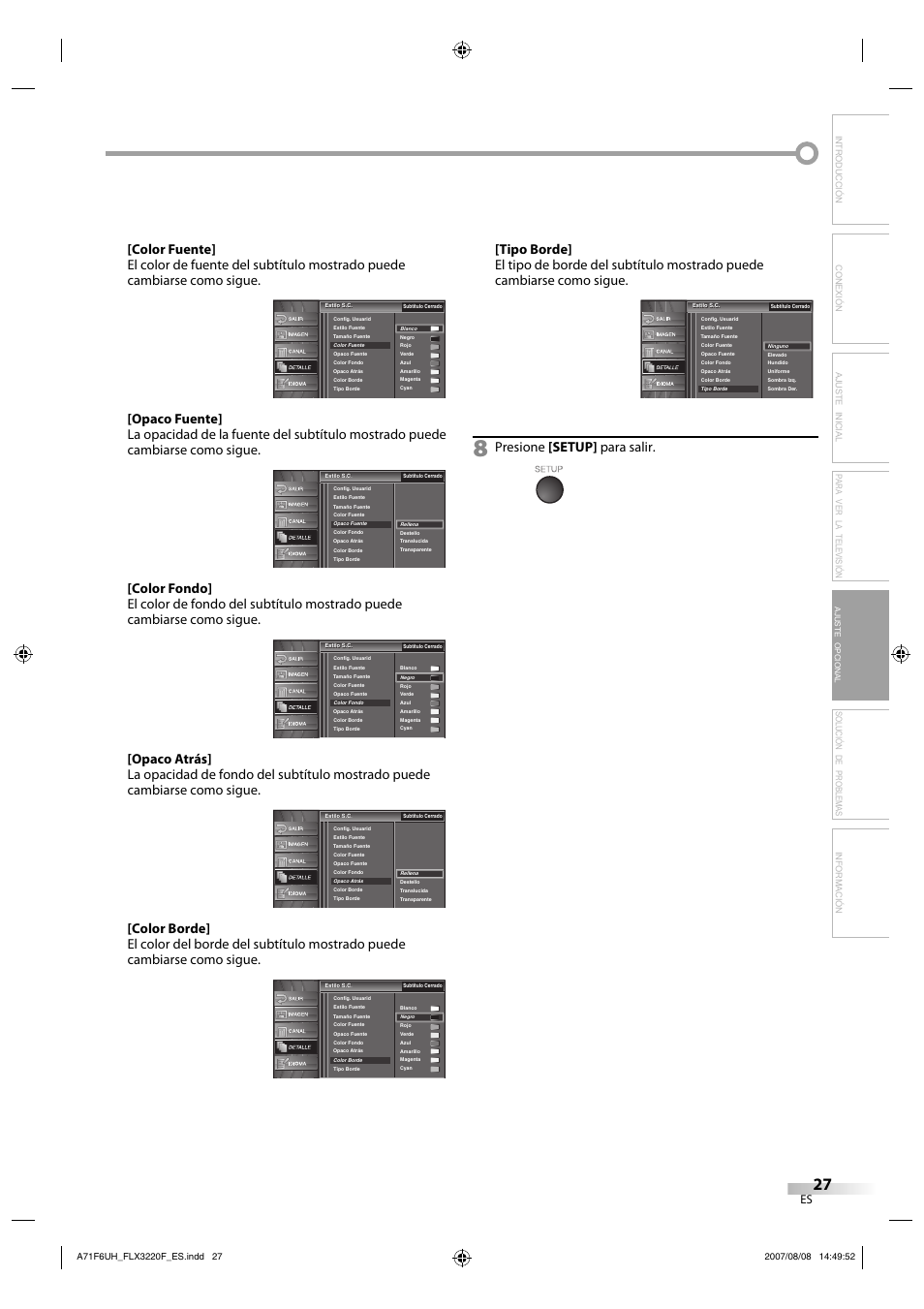 Presione [setup] para salir, Ajuste opcional | FUNAI FLX3220F User Manual | Page 63 / 72