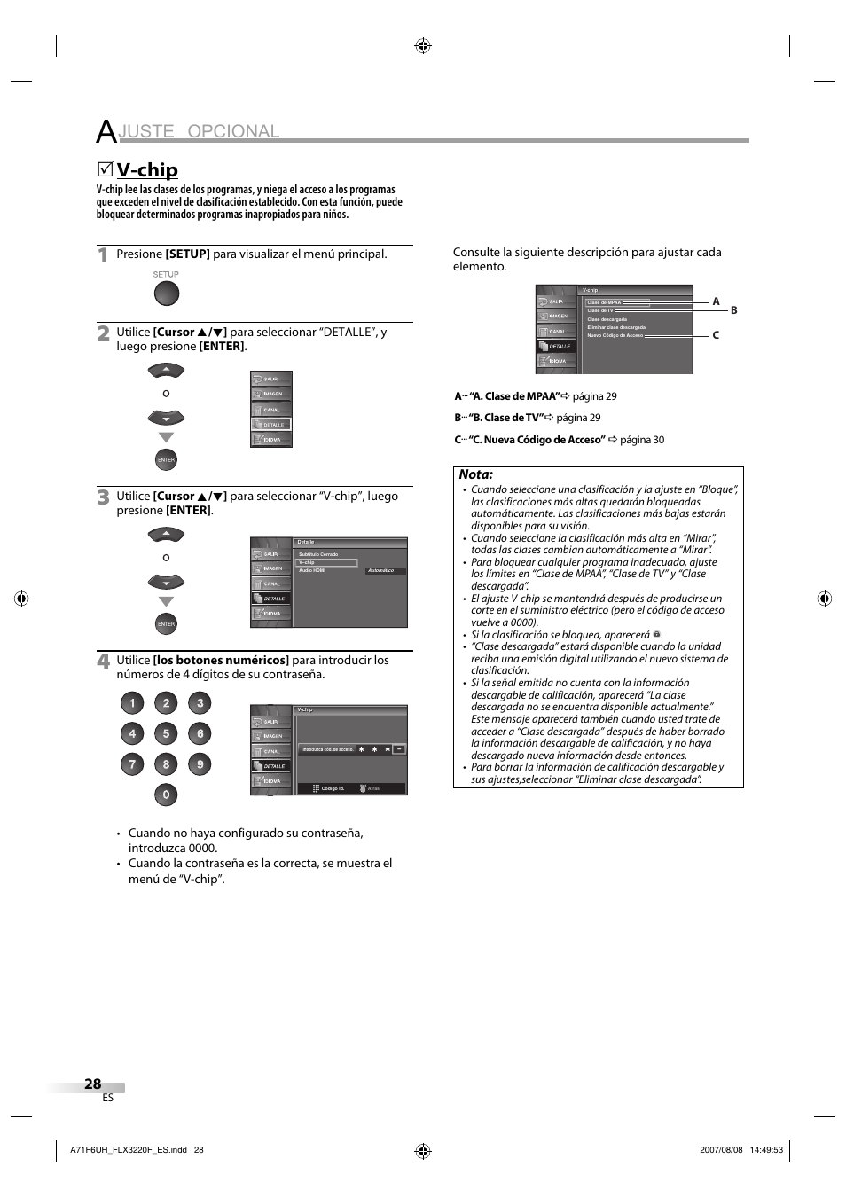 Juste opcional, V-chip, Nota | FUNAI FLX3220F User Manual | Page 64 / 72
