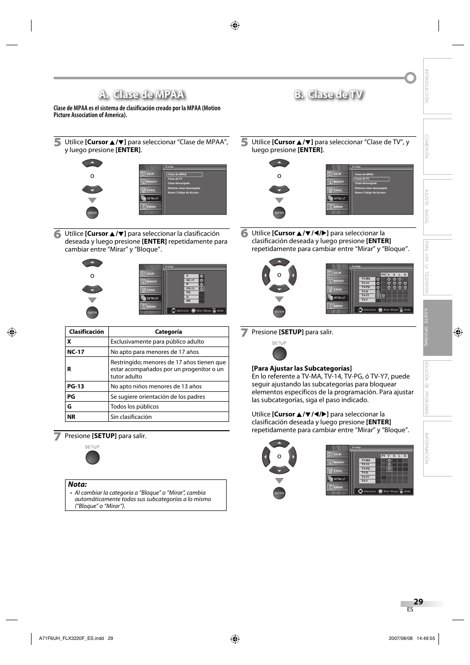 A. clase de mpaa, B. clase de tv, Nota | Solución de problemas información, Presione [setup] para salir | FUNAI FLX3220F User Manual | Page 65 / 72