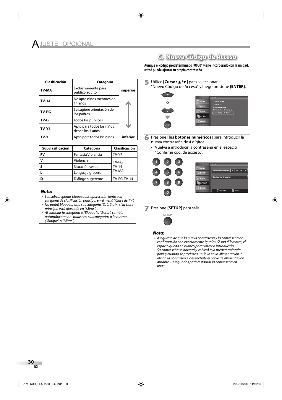 Juste opcional, C. nueva código de acceso | FUNAI FLX3220F User Manual | Page 66 / 72